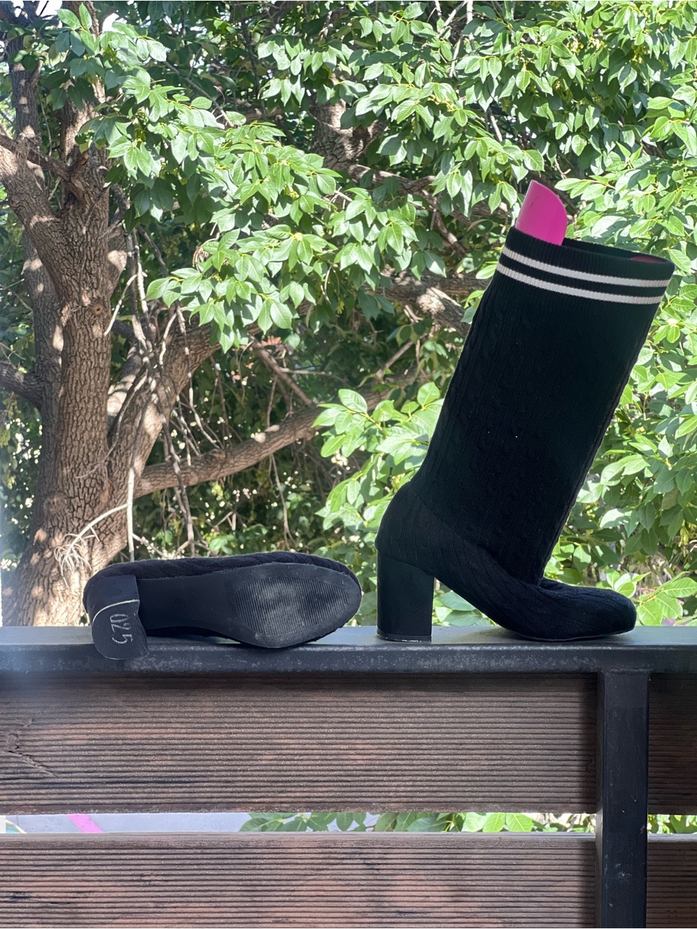 Catherine Malandrino Black Knit Sock Heel Boots with Stripe Trim